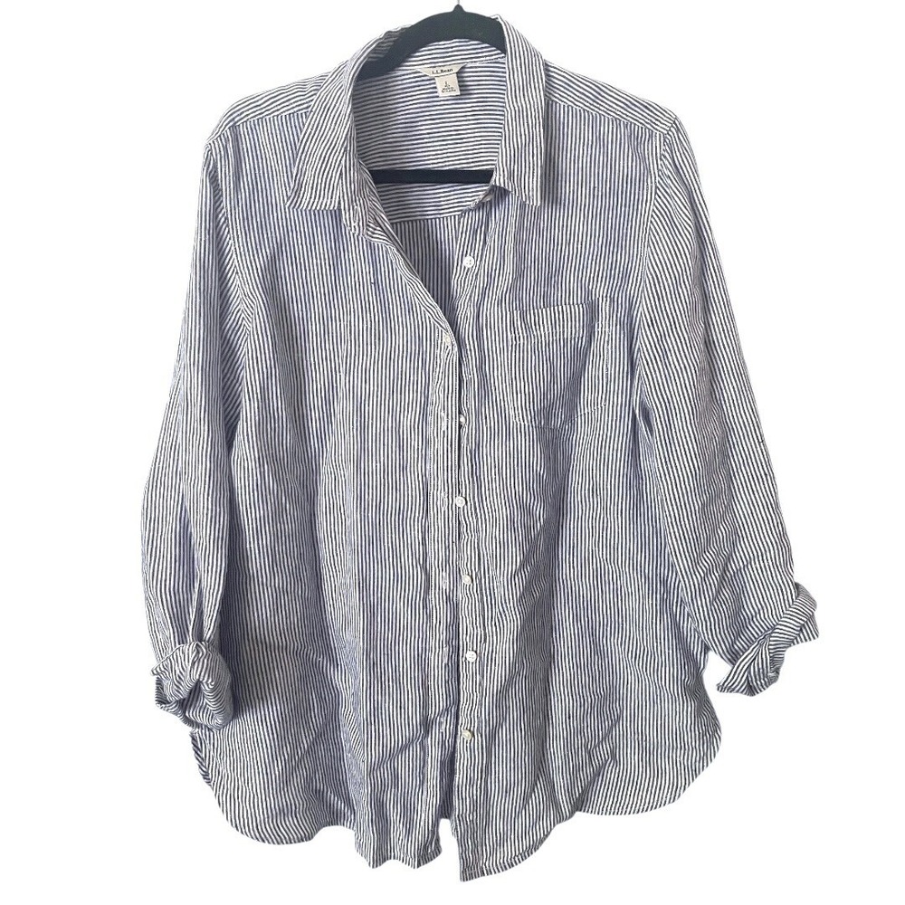 L.L. Bean Linen Blue White Striped Button Down Shirt L